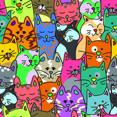 seamless pattern with funny colorful doodle cats