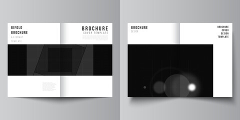 Vector layout of two A4 cover mockups design templates for bifold brochure, flyer, cover design, book design.Black color technology background. Digital visualization of science, medicine, tech concept