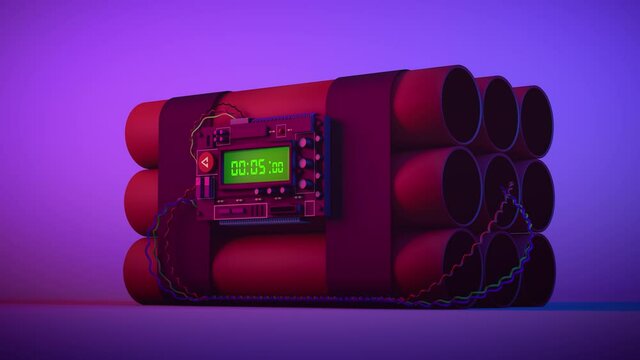 Close up Dynamite time bomb counting down from 10 to 0 second, side front view with shadow darkness, 3d animation, colorful neon purple background.