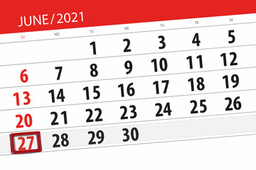 Calendar planner for the month june 2021, deadline day, 27, sunday