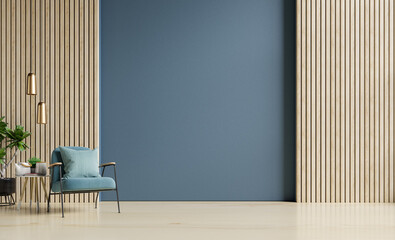 Fototapeta Stylish Modern wooden living room has an armchair on empty dark blue wall background. obraz