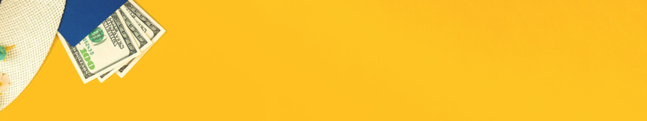 Summer vacation and travel banner with money and passport on bright colorful background, copy space, flat lay and template concept