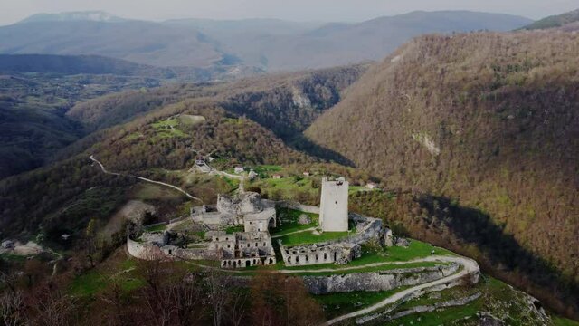 Anakopian Fortress Landmark. Architectural Monument. Aerial Panoramic View of Old Military Fortress in Mountains on Sea Coast. Bird eye Landscape Ruins of the Fort