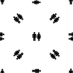 Seamless pattern of repeated black man with woman symbols. Elements are evenly spaced and some are rotated. Vector illustration on white background