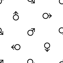 Seamless pattern of repeated black mars symbols. Elements are evenly spaced and some are rotated. Vector illustration on white background