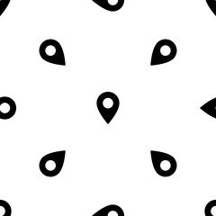 Seamless pattern of repeated black location symbols. Elements are evenly spaced and some are rotated. Vector illustration on white background