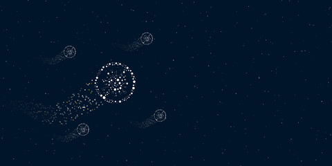 A stop coronavirus symbol filled with dots flies through the stars leaving a trail behind. There are four small symbols around. Vector illustration on dark blue background with stars