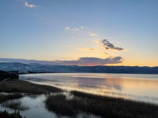 winter sunset over Pogradec, Albania, lake Ohrid, open sky