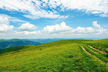 Fototapeta na wymiar country road through alpine meadow of carpathian mountain. beautiful nature landscape in summer. scenery with open view in to the distant ridge and valley. wonderful sky with clouds above the horizon