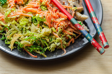 Cooked chicken breast pieces with egg noodles, carrots, and cabbage in a savory chow mein sauce