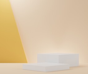3d render abstract earth tone podium with clean background. Modern fashion display stand with simple geometric shapes. Empty vacant pedestal for showing cosmetics, products and presentation.