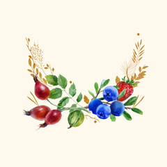 Watercolor illustration. Summer frame made of berries and leaves. Gooseberries, strawberries, blueberries, rose hips.