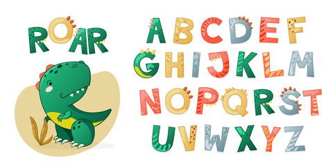 Cartoon cute Dinosaur alphabet. Dino font with letters. Children Vector illustration for t-shirts, cards, posters, birthday party events, paper design, kids and nursery design - obrazy, fototapety, plakaty