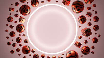 3D Illustration of abstract glossy spheres surround a blank space.