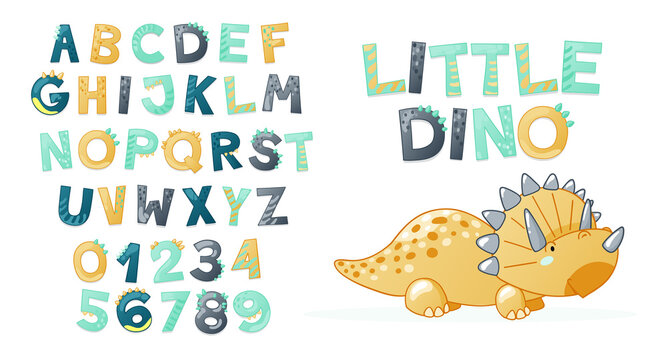 Cartoon cute Dinosaur alphabet. Dino font with letters and numbers. Children Vector illustration for t-shirts, cards, posters, birthday party events, paper design, kids and nursery design