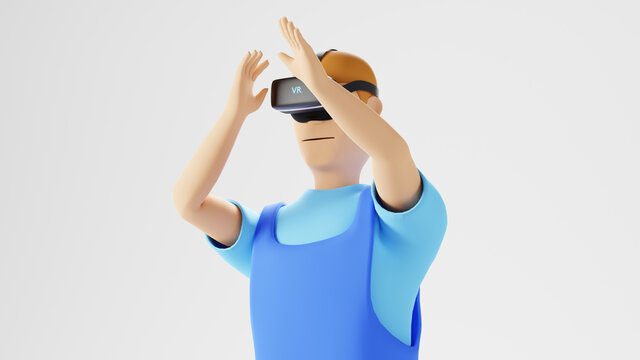 Digital Online Education. 3d of a man wear VR about learning on phone, computer. social distance concept. Classroom Online internet network.