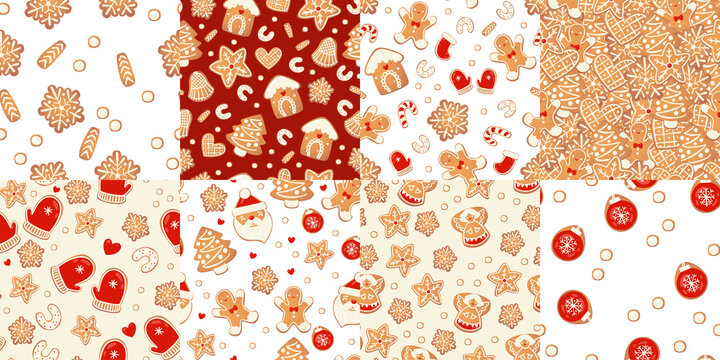 Christmas gingerbread vector seamless patterns set. Winter characters in cartoon style. Holiday design background. New year scandinavian style.