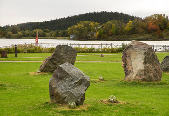 Lawn with stones in Sortavala (Serdobol). Republic of Karelia. Russia