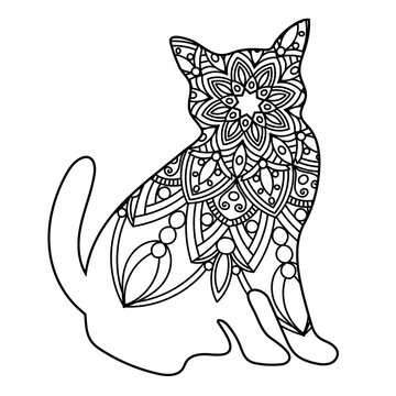 Abstract cat mandala in black and white for adult coloring books, monocrome animal vector pattern. Antistress design.