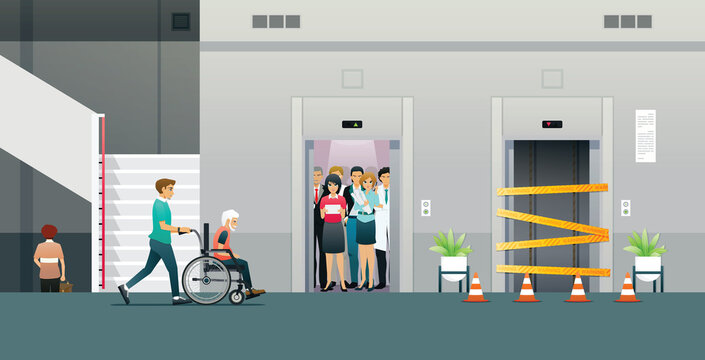 A Man Pushing A Wheelchair Whose Elevator Is Crowded And Under Maintenance.