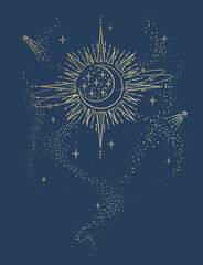 Antique style sun and crescent moon. Boho chic tattoo design vector illustration - 431370885