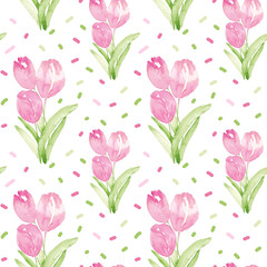 Watercolor seamless pattern with pink tulips