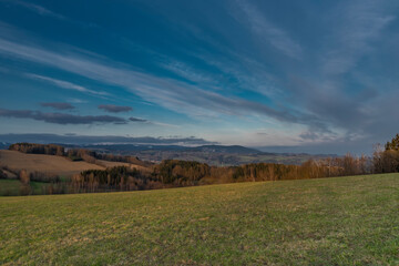Sunset view in Roprachtice village in Krkonose mountains with color sky