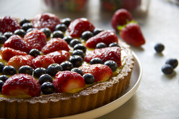 close up of delicious fruits cake on white plate