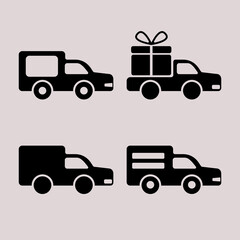 Cars set icons. Van pickup truck delivery black icons. Car with gift in back