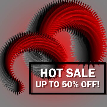 Trendy hot sale discount vector banner design template. Frame of red-hot 3d shape background with off sales text.
