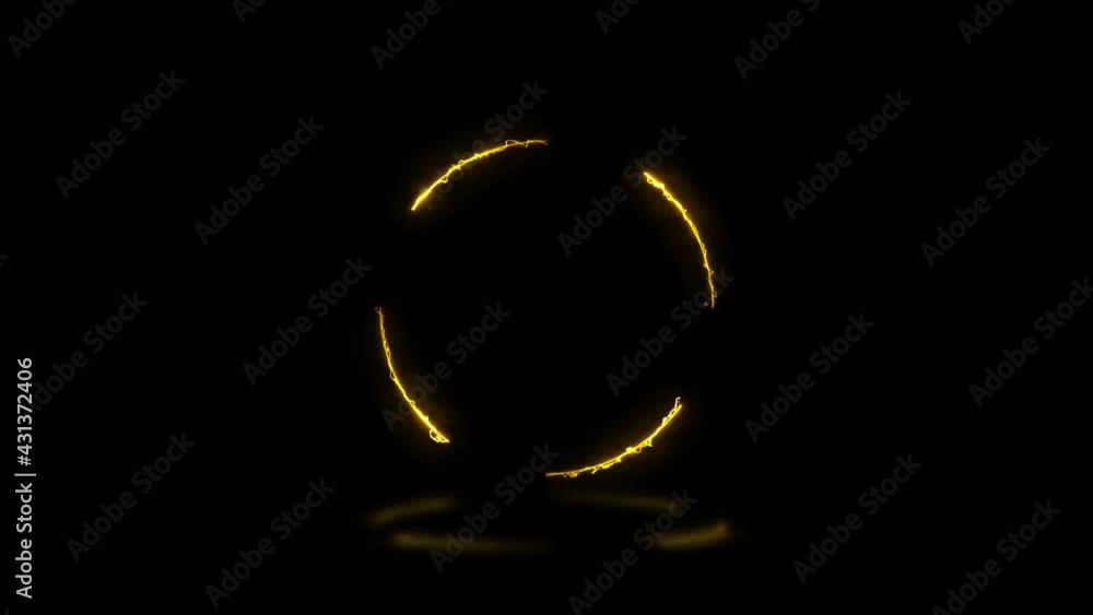Poster yellow energy lights round shape on a dark background with reflections. seamless loop abstract sign 