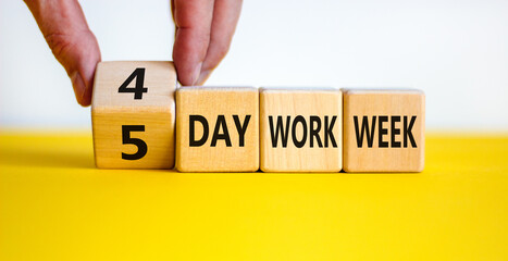 4 or 5 day work week symbol. Businessman turns the cube and changes words '5 day work week' to '4...