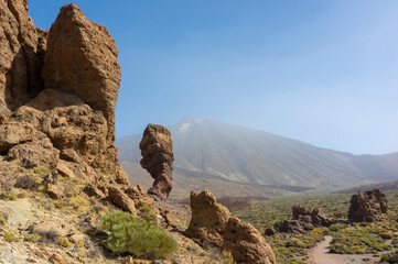 Fototapeta na wymiar View of the Rock of the Finger of God on the island of Tenerife at the foot of the Teide volcano