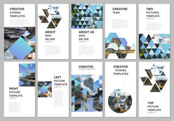 Obraz premium Social media design, vertical banner or flyer templates with triangles, triangular pattern. Background with place for photo. Covers design templates for flyer, leaflet, brochure cover, banner.