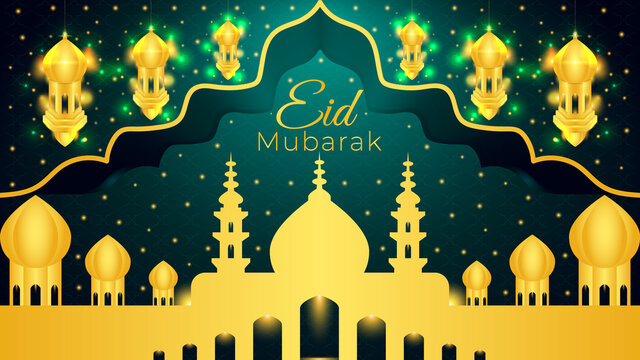 Eid Mubarak Islamic design on a green Background Design.