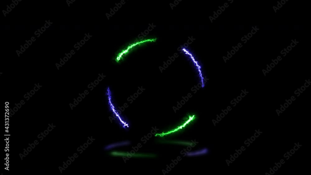 Poster green and violet energy lights round shape on a dark background with reflections. seamless loop abst