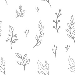 Fototapeta premium Floral doodle elements seamless texture. Hand drawn decorative leaves and wreaths texture background. Tree branches with leaf illustrations.