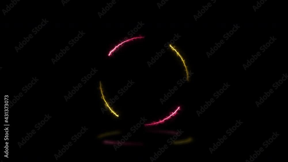 Poster pink and yellow energy lights round shape on a dark background with reflections. seamless loop abstr