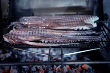 pulpo a la brasa en parrilla de leña