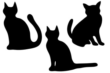 Set of black silhouettes of cat in different poses isolated on white background. Vector flat illustration.