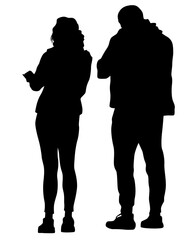 Young man and woman are standing next to each other. Isolated silhouette on a white background