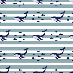 Fototapete Meerestiere Vektor handgezeichnete farbige kindische nahtlose wiederholende einfache flache Muster mit Walen und Fischen. Süße Tierbabys. Muster für Kinder mit Walen.
