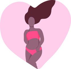 Cute bodypositive girl in a swimsuit or underwear in the heart. An African American girl lies on her back with her lush hair loose. The concept of body positivity and feminism