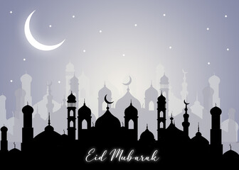 Eid Mubarak background. Eid background with the mosque. Simple white style moon star Eid Mubarak background with and at night