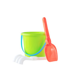 Baby toy bucket, shovel and rake isolated on white background.