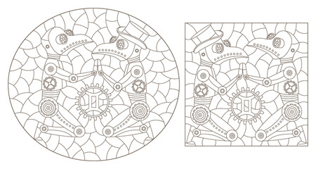 Set of contour illustrations in the style of stained glass with steam punk signs of the zodiac gemini, dark contours on a white background