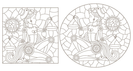 Set of contour illustrations in the style of stained glass with steam punk zodiac signs Libra, dark outlines on a white background