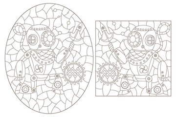 Obraz premium Set of contour illustrations in the style of stained glass with steam punk signs of the zodiac Sagittarius, dark contours on a white background