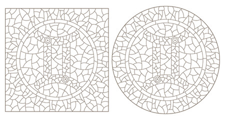 Set of contour illustrations in the style of stained glass with the signs of the zodiac gemini, dark contours on a white background