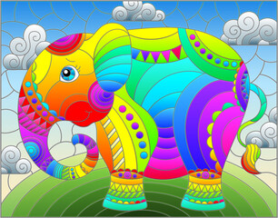 Obraz na płótnie Canvas Illustration in stained glass style with abstract cute rainbow elephant on a blue sky background with clouds